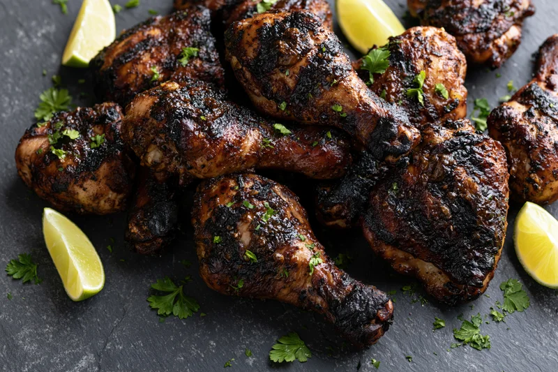 Grilled jerk chicken drumsticks and thighs piled on dark slate plate with lime wedges and cilantro garnish