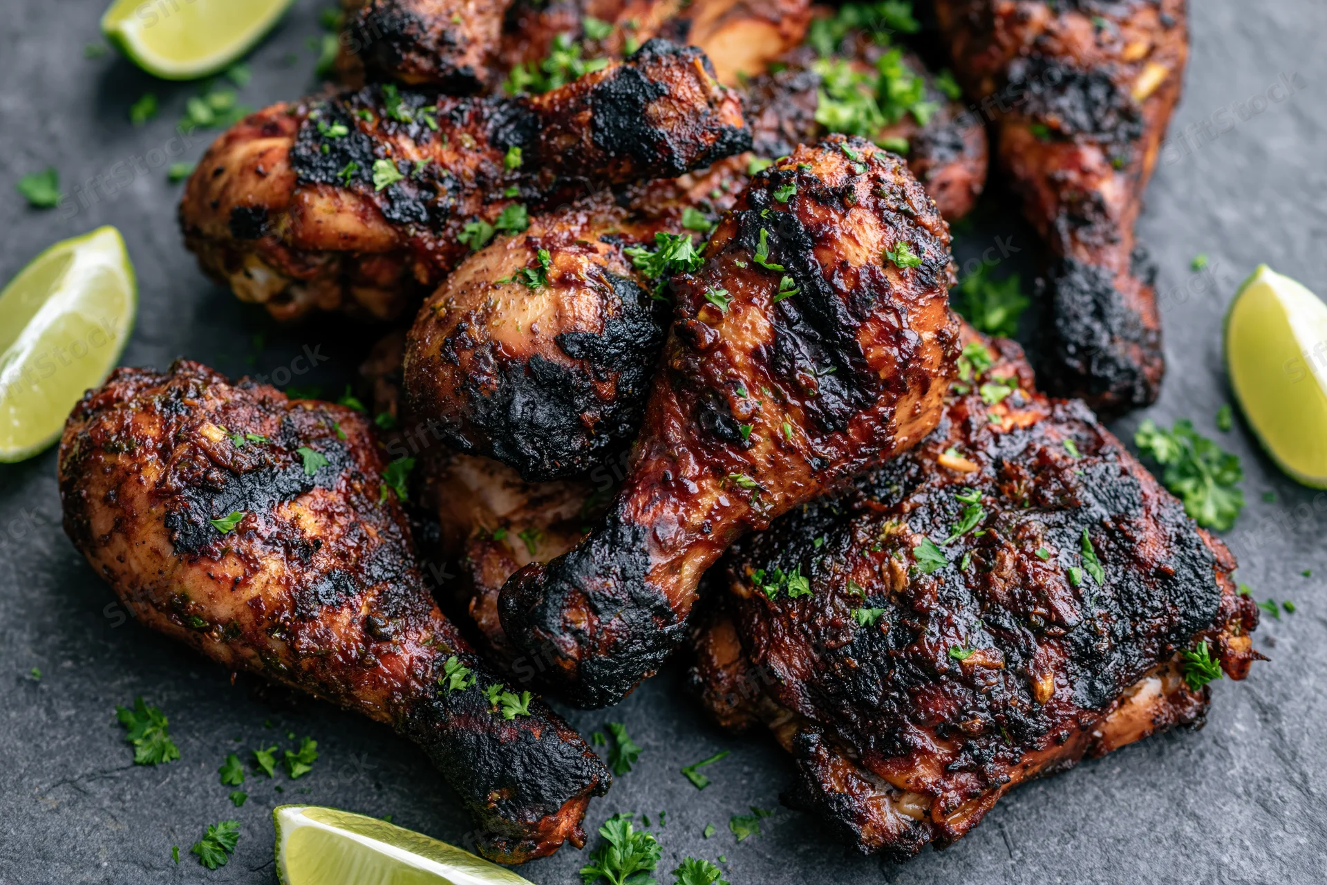 Grilled jerk chicken drumsticks and thighs piled on dark slate with lime wedges and parsley garnish