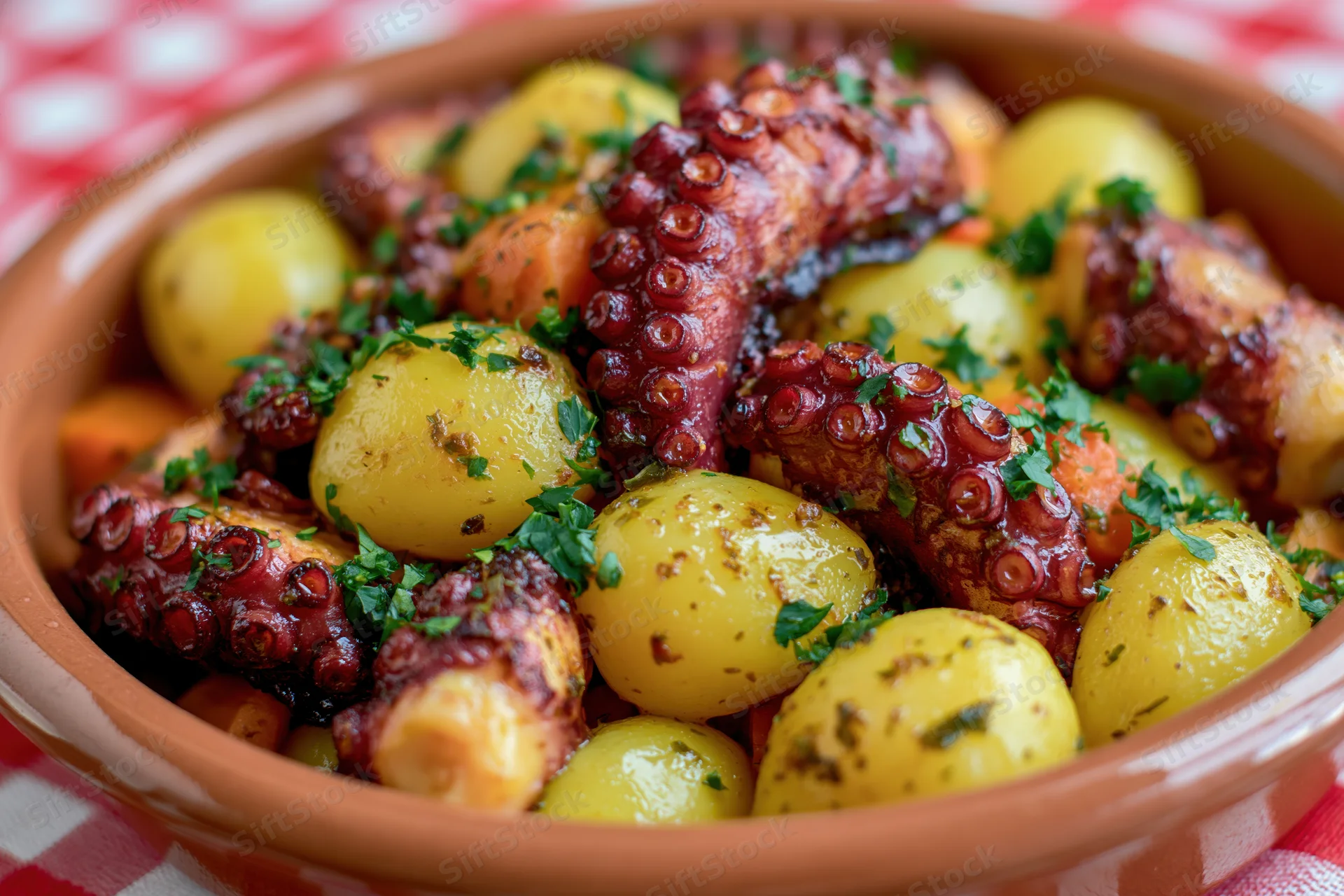 Grilled octopus tentacles and roasted baby potatoes served in a terracotta bowl on a checkered cloth