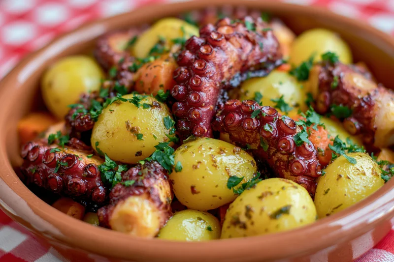 Grilled octopus tentacles and roasted baby potatoes served in a terracotta bowl on a checkered cloth