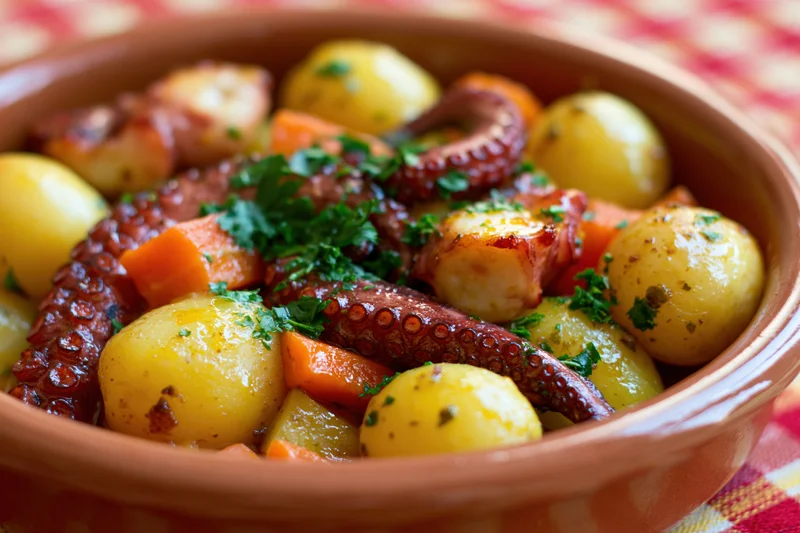 Grilled octopus tentacles and roasted baby potatoes with carrots in a terracotta bowl on a checkered tablecloth