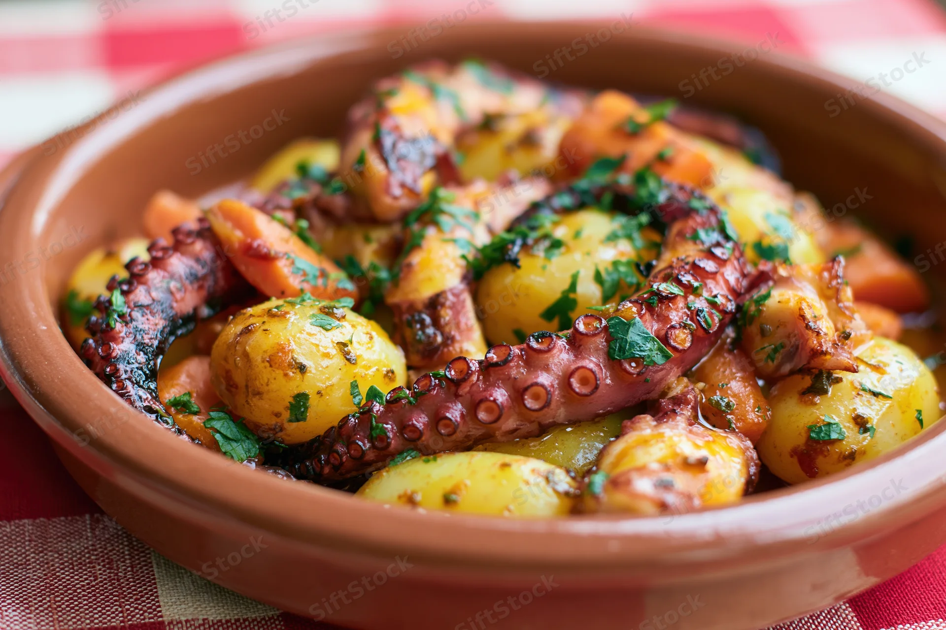 Grilled octopus tentacles and roasted baby potatoes served in a terracotta bowl on a checkered cloth
