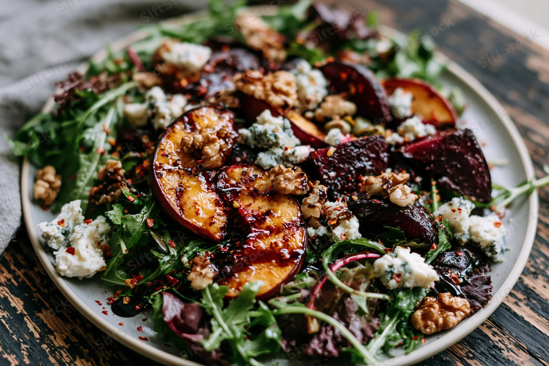 Grilled peach and roasted beet salad with arugula, blue cheese, and walnuts on a wooden table