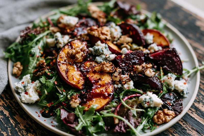 Grilled peach and roasted beet salad with arugula, blue cheese, and walnuts on a wooden table
