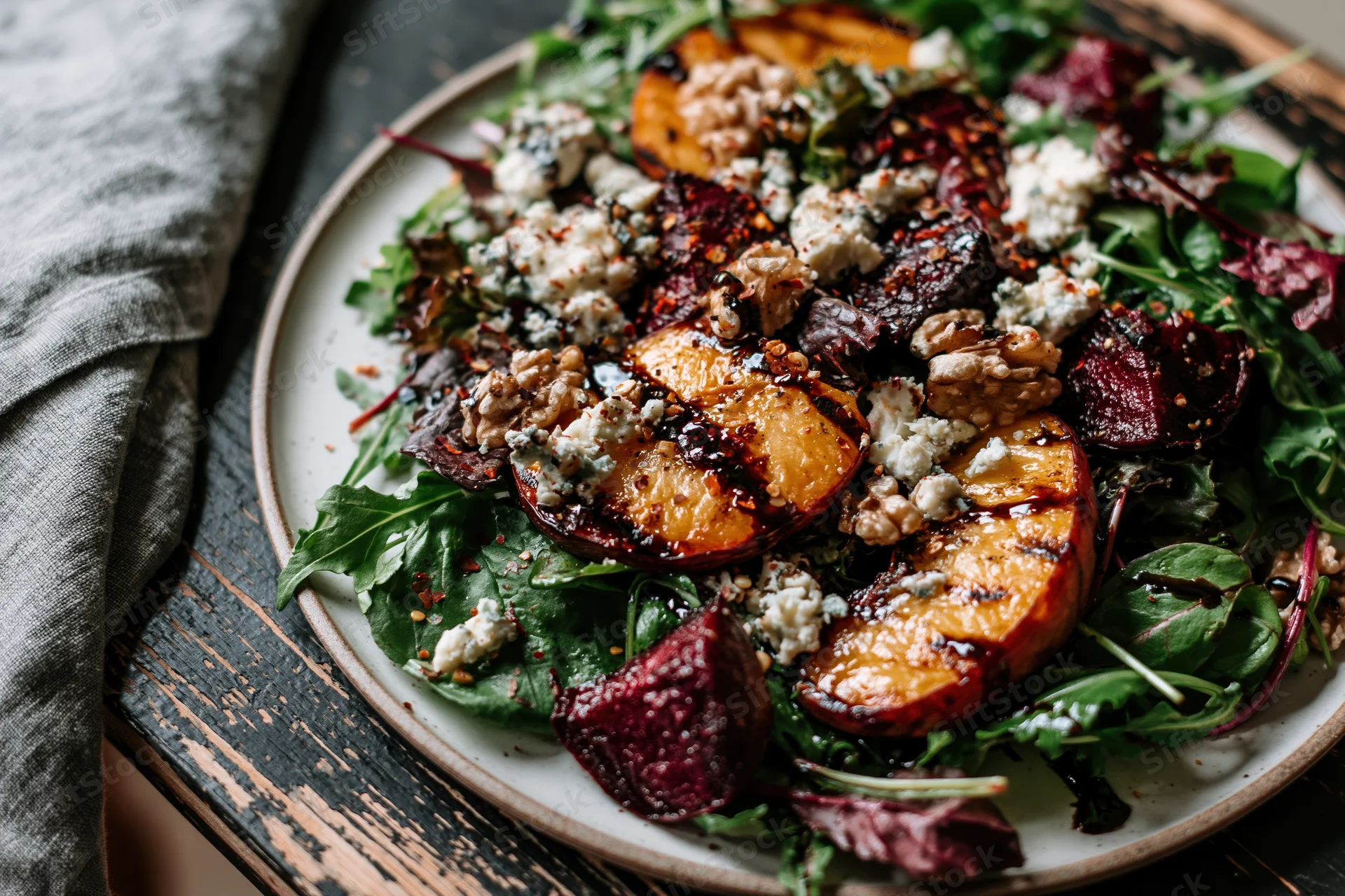 Grilled peach and roasted beet salad with arugula, goat cheese and walnuts on a round plate on a wooden table