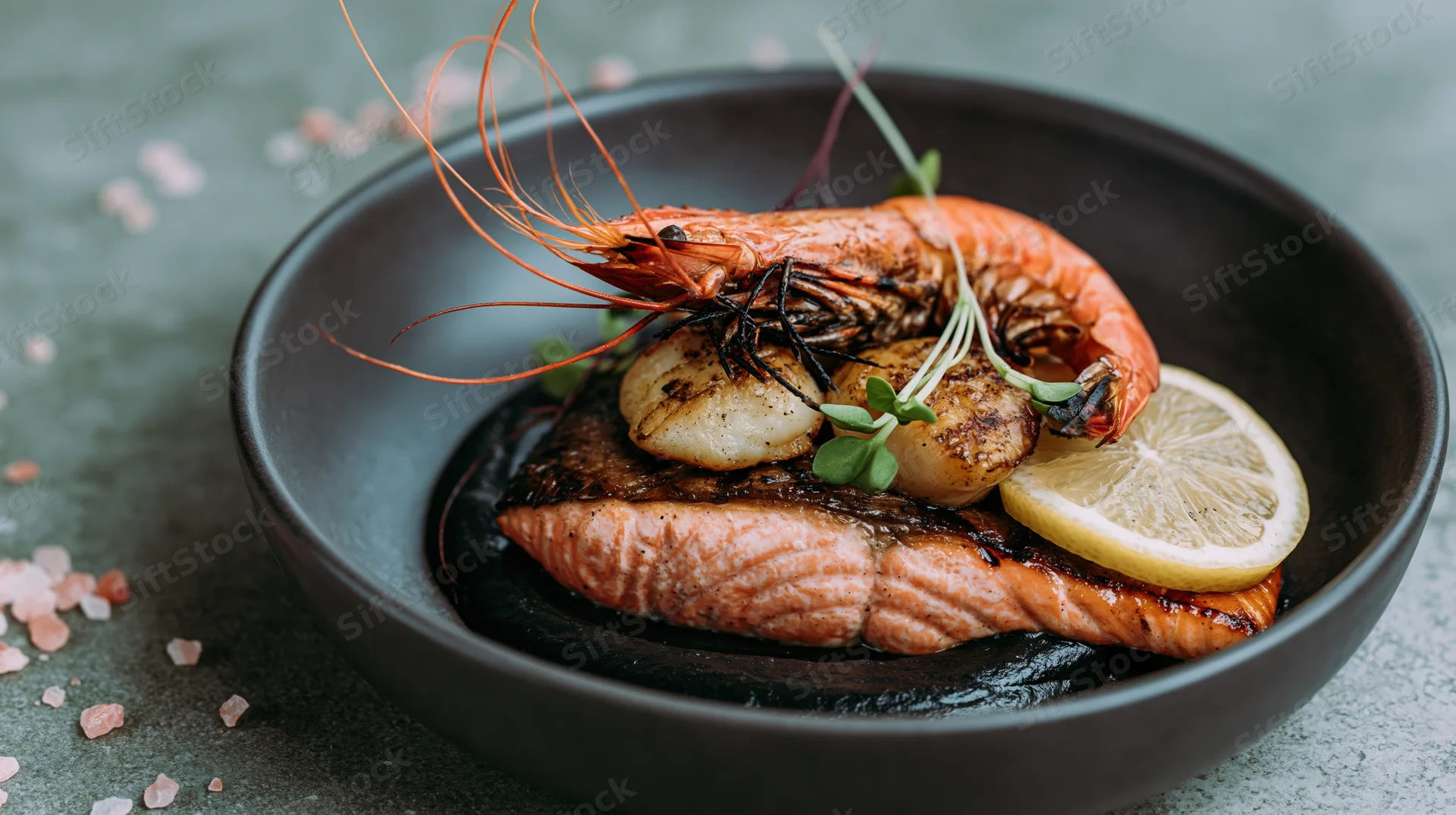Grilled salmon fillet with prawn and scallops in a black bowl garnished with lemon and microgreens
