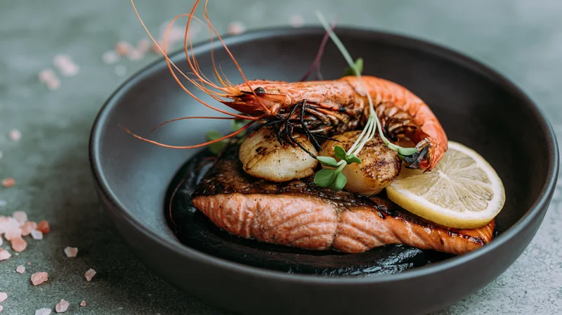 Grilled salmon fillet with prawn and scallops in a black bowl garnished with lemon and microgreens