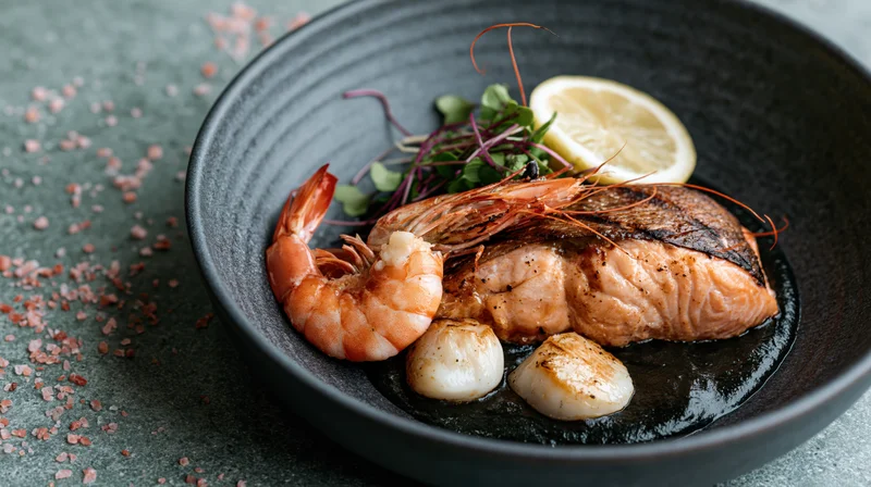 Grilled salmon fillet with prawn and scallops on a black plate garnished with lemon and microgreens