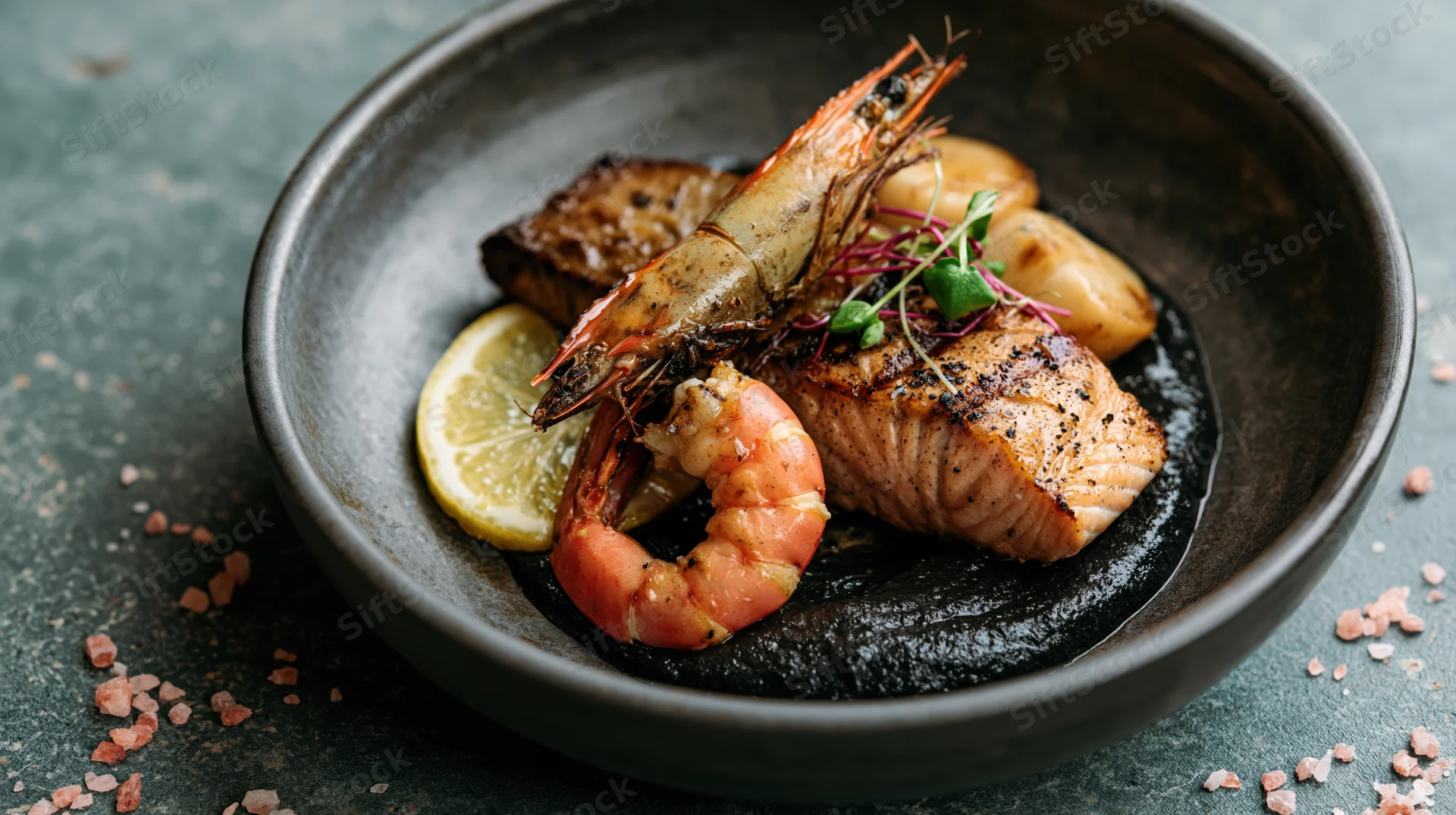 Grilled salmon fillet with whole prawn and scallops in a dark ceramic bowl with lemon slice and microgreens garnish