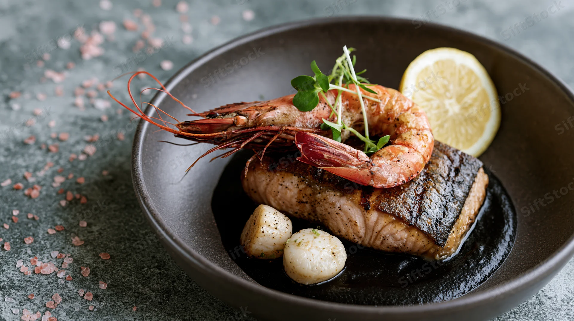 Grilled salmon fillet topped with whole prawn and scallops in a dark bowl with lemon slice and microgreens
