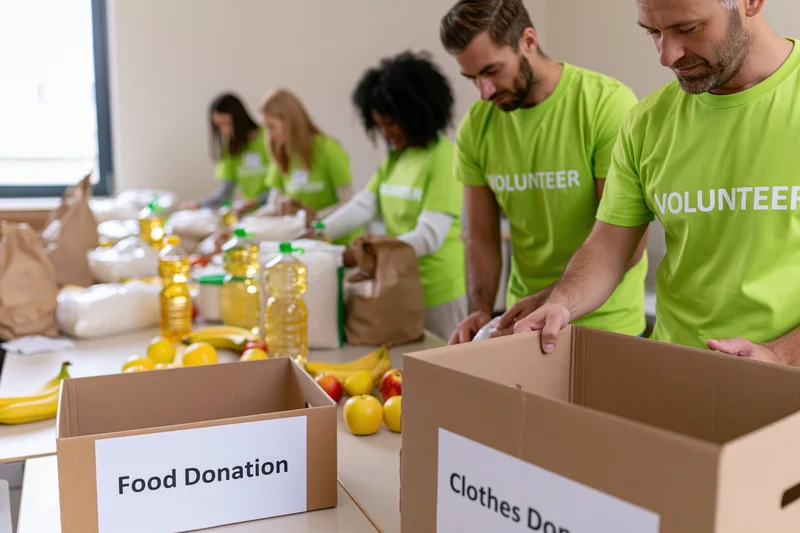 Volunteers sorting food and clothing donations at a table indoors