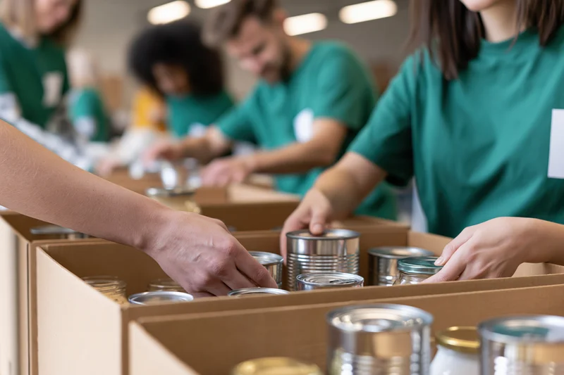 Volunteers packing canned food into cardboard boxes indoors