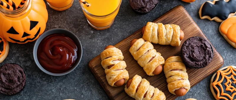 Halloween party food spread with pigs in a blanket, cookies, and drinks on dark stone surface