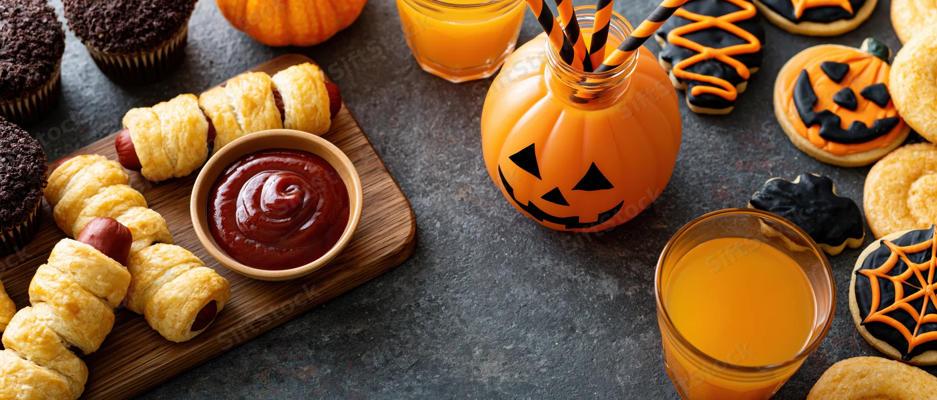 Halloween party food spread with pumpkin-shaped juice bottle, cookies, cupcakes, and pigs in a blanket on dark stone surface