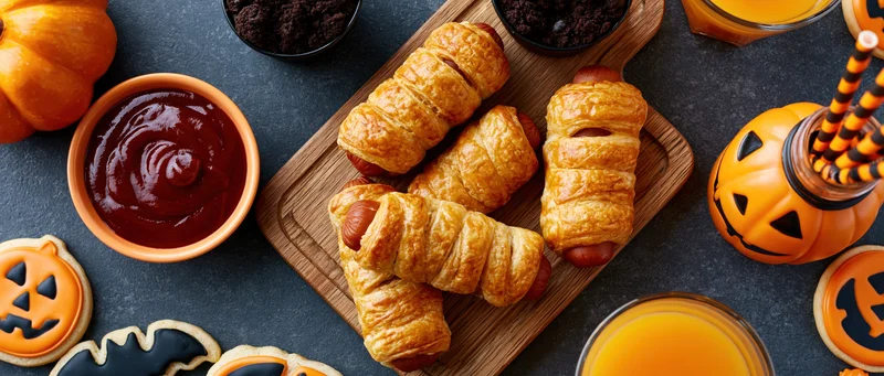 Halloween party food spread with pigs in a blanket, pumpkin cookies, and drinks on a dark rustic stone surface