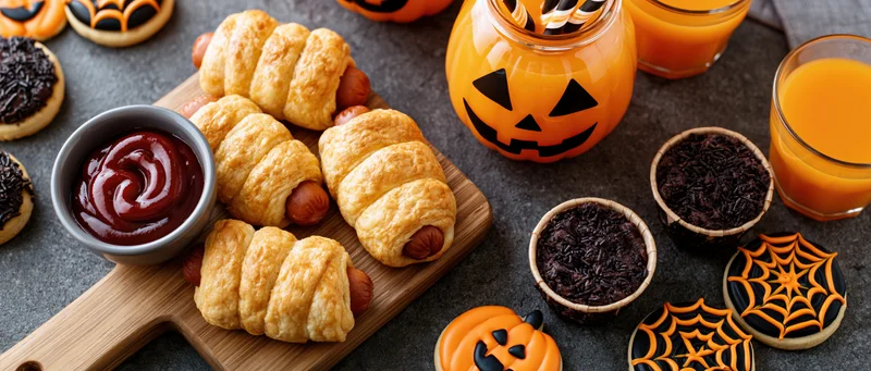 Halloween party food spread with pigs in a blanket, pumpkin juice, and themed cookies on dark stone surface
