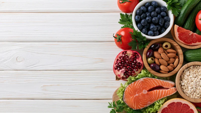 Healthy food flat lay arranged along right edge of white wooden surface