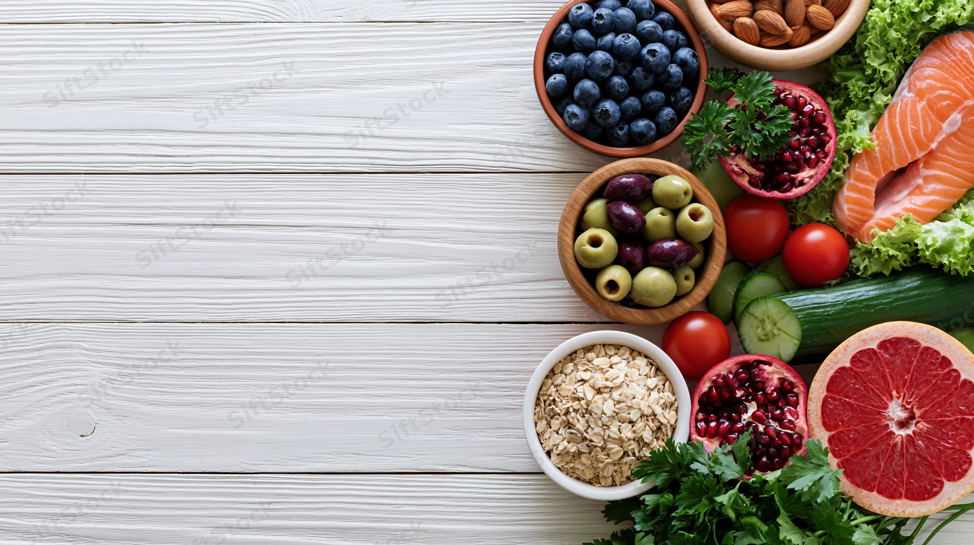 Healthy food flat lay arranged along right edge of white wooden surface with copyspace on left
