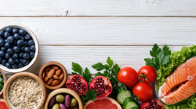 Healthy food flat lay arranged along the right edge of a white wooden table with copyspace on top