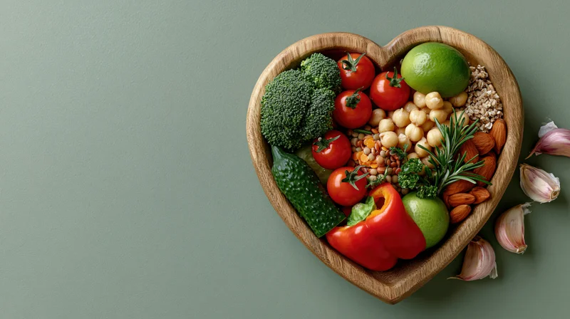 Heart-shaped wooden bowl filled with fresh vegetables and legumes on a green surface