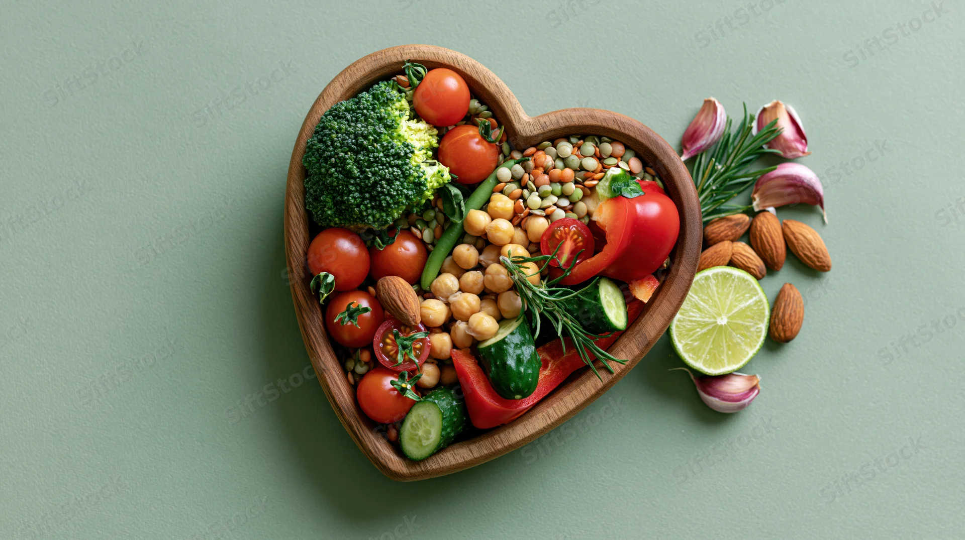 Heart-shaped wooden bowl filled with fresh vegetables and legumes on green surface