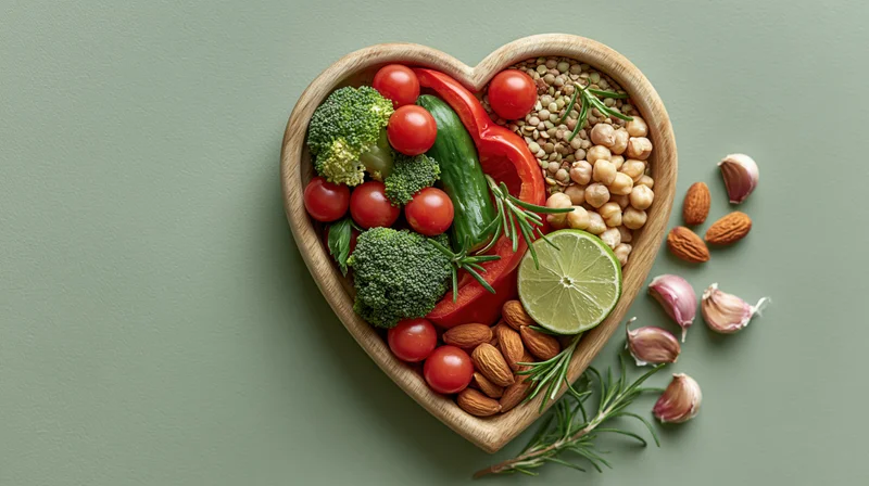 Heart-shaped wooden bowl filled with fresh vegetables and legumes on a green surface