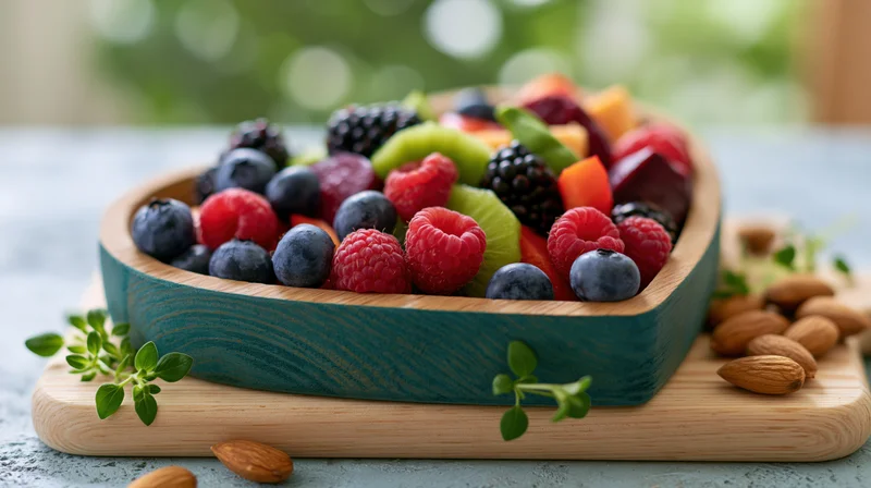 Heart-shaped wooden tray filled with mixed berries and almonds on a cutting board
