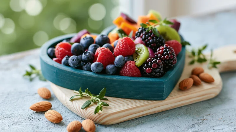 Heart-shaped wooden tray filled with mixed berries and almonds on a cutting board