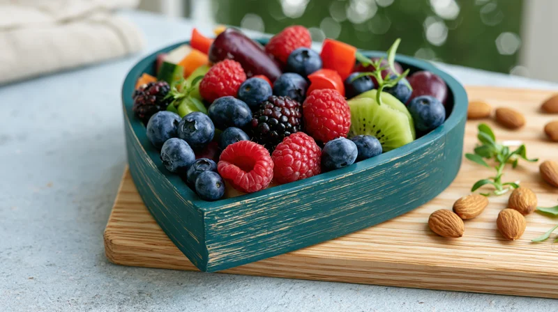 Heart-shaped wooden tray filled with fresh berries and almonds on a bamboo cutting board