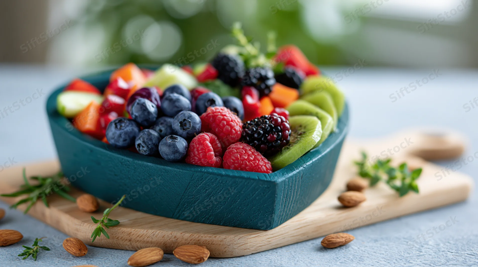 Heart-shaped wooden tray filled with mixed berries and kiwi slices on a cutting board with almonds and rosemary sprigs