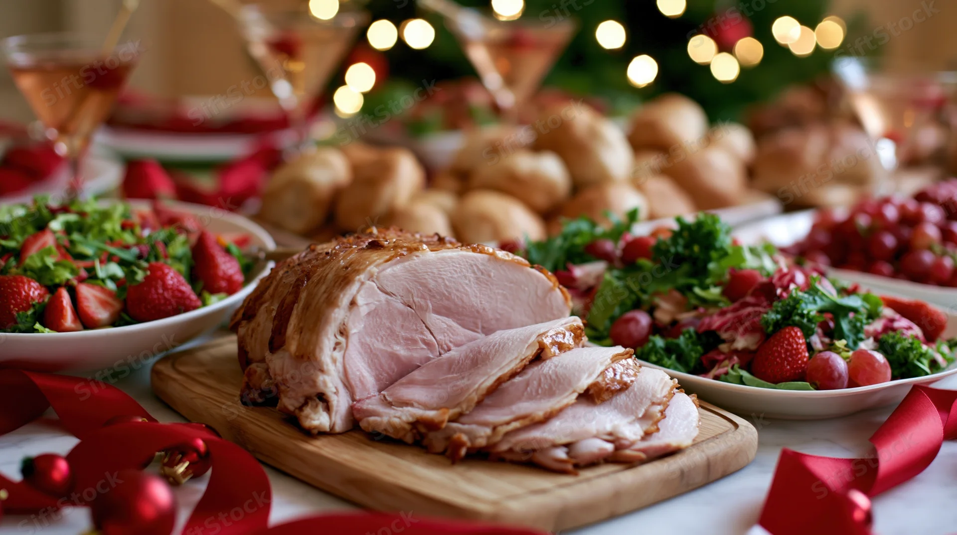 Sliced turkey on a wooden cutting board at a holiday buffet table with salads, bread, cocktails and Christmas decorations