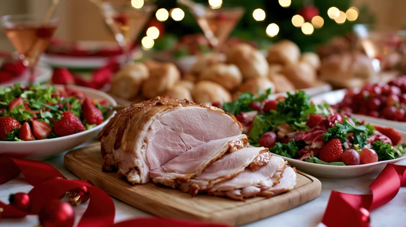 Sliced turkey on a wooden cutting board at a holiday buffet table with salads, bread, cocktails and Christmas decorations