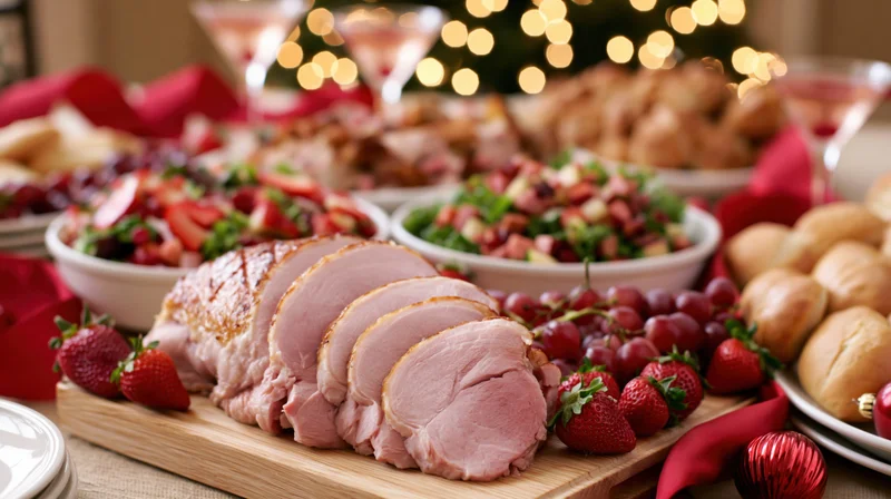 Sliced ham on a wooden cutting board surrounded by strawberries, grapes, salads, bread, and cocktails at a holiday buffet table with Christmas tree lights in the background