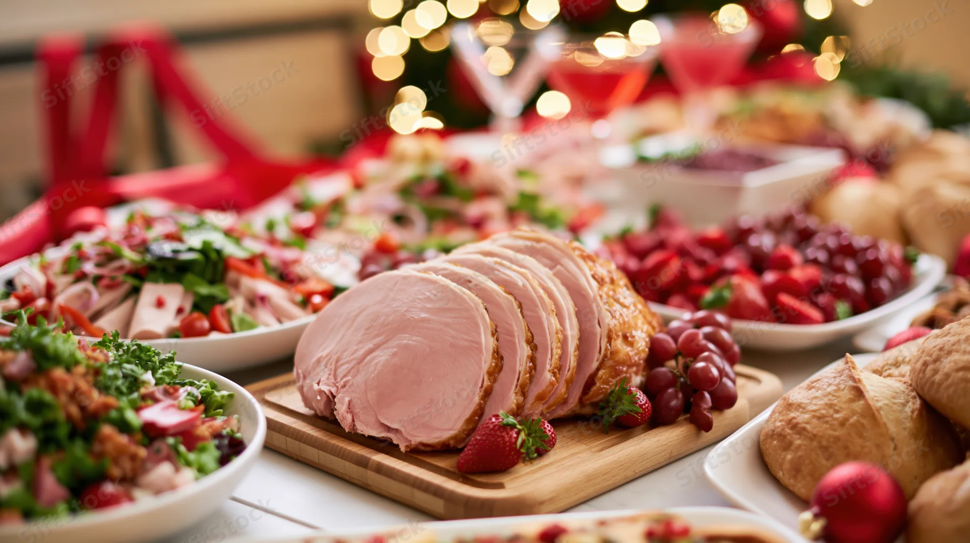 Sliced ham on a wooden board surrounded by salads, fruits, and bread at a holiday buffet table with festive lights in the background