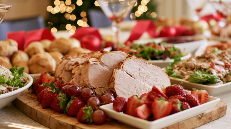 Sliced turkey and fruit arranged on a wooden board at a holiday buffet table