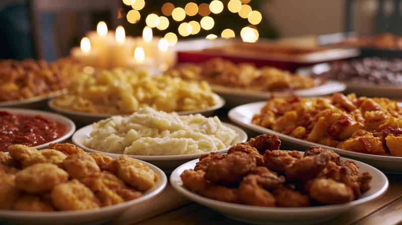 Holiday buffet spread with fried appetizers and side dishes on a wooden table, lit by candles and festive lights in the background