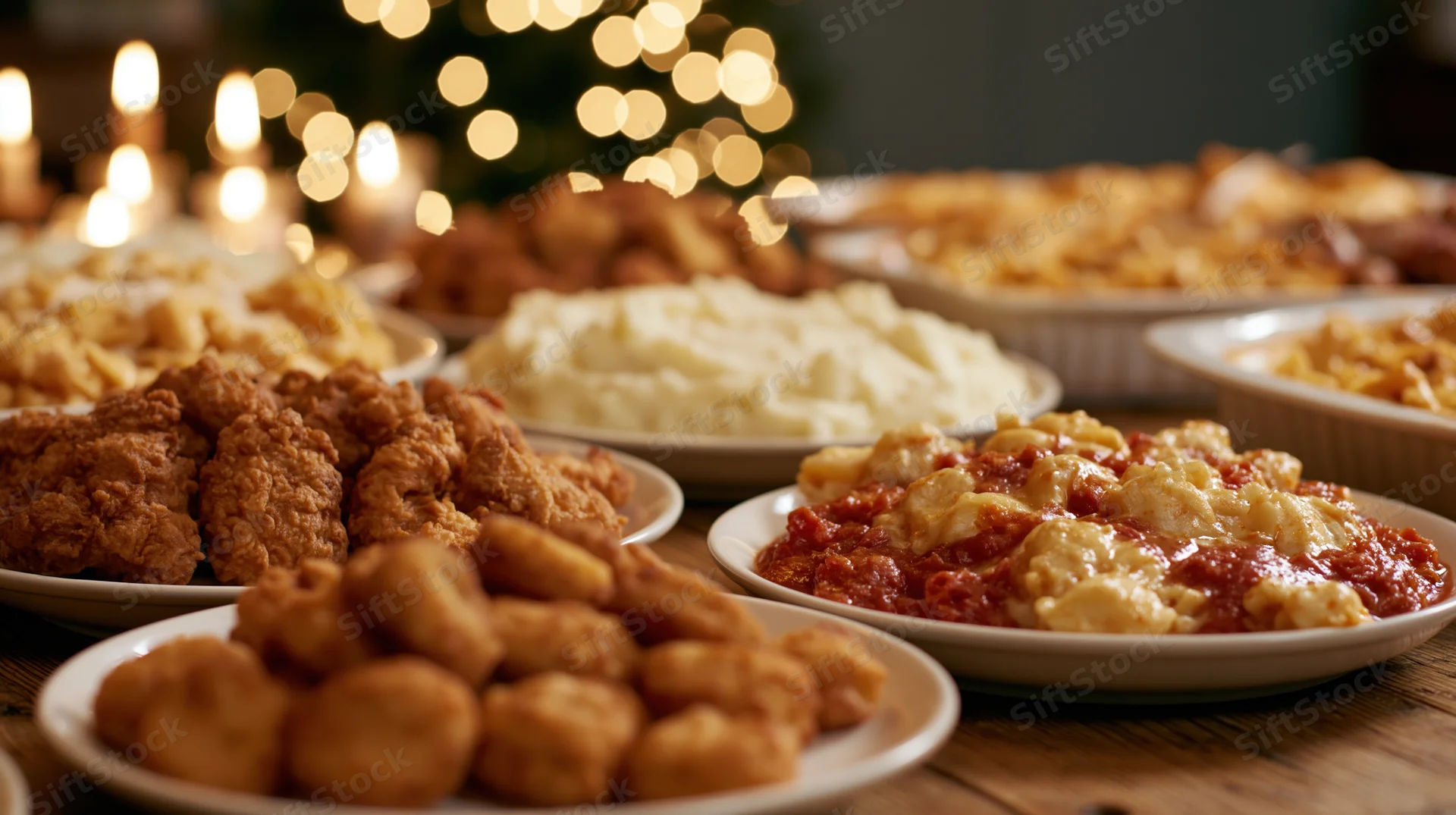 Holiday buffet spread with fried appetizers and side dishes on a wooden table, lit by candles and festive lights in the background