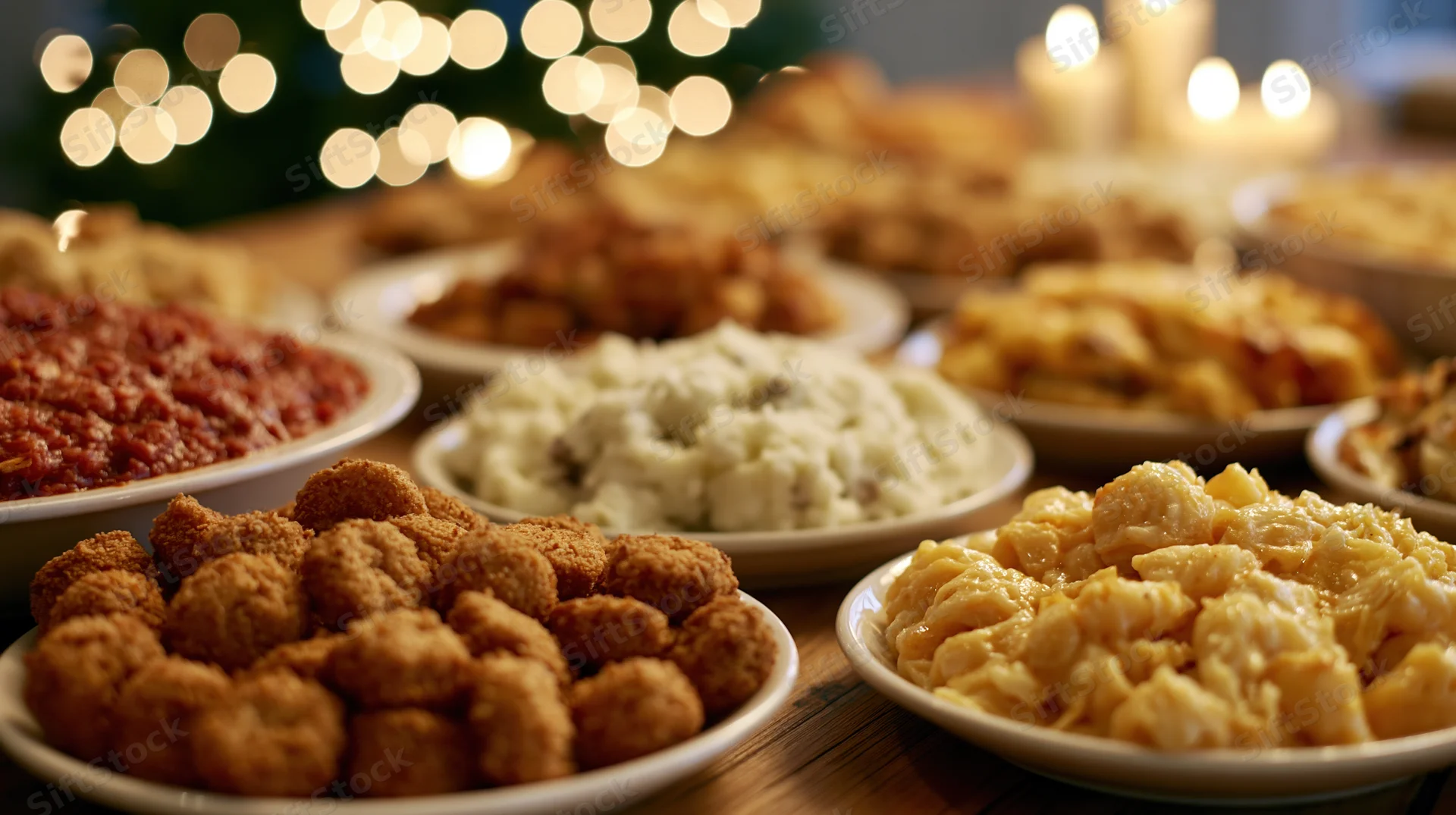 Holiday buffet spread with fried appetizers and side dishes on a wooden table