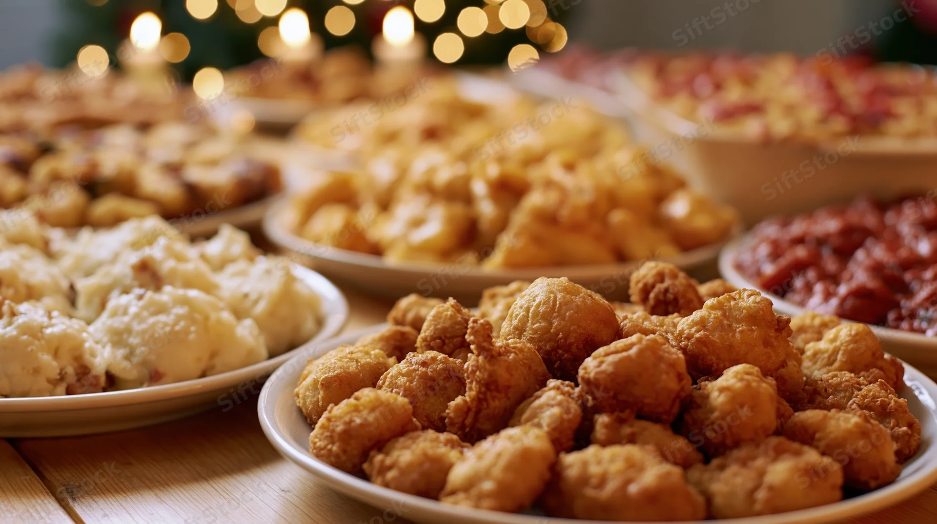 Holiday buffet spread with fried appetizers and side dishes on a wooden table