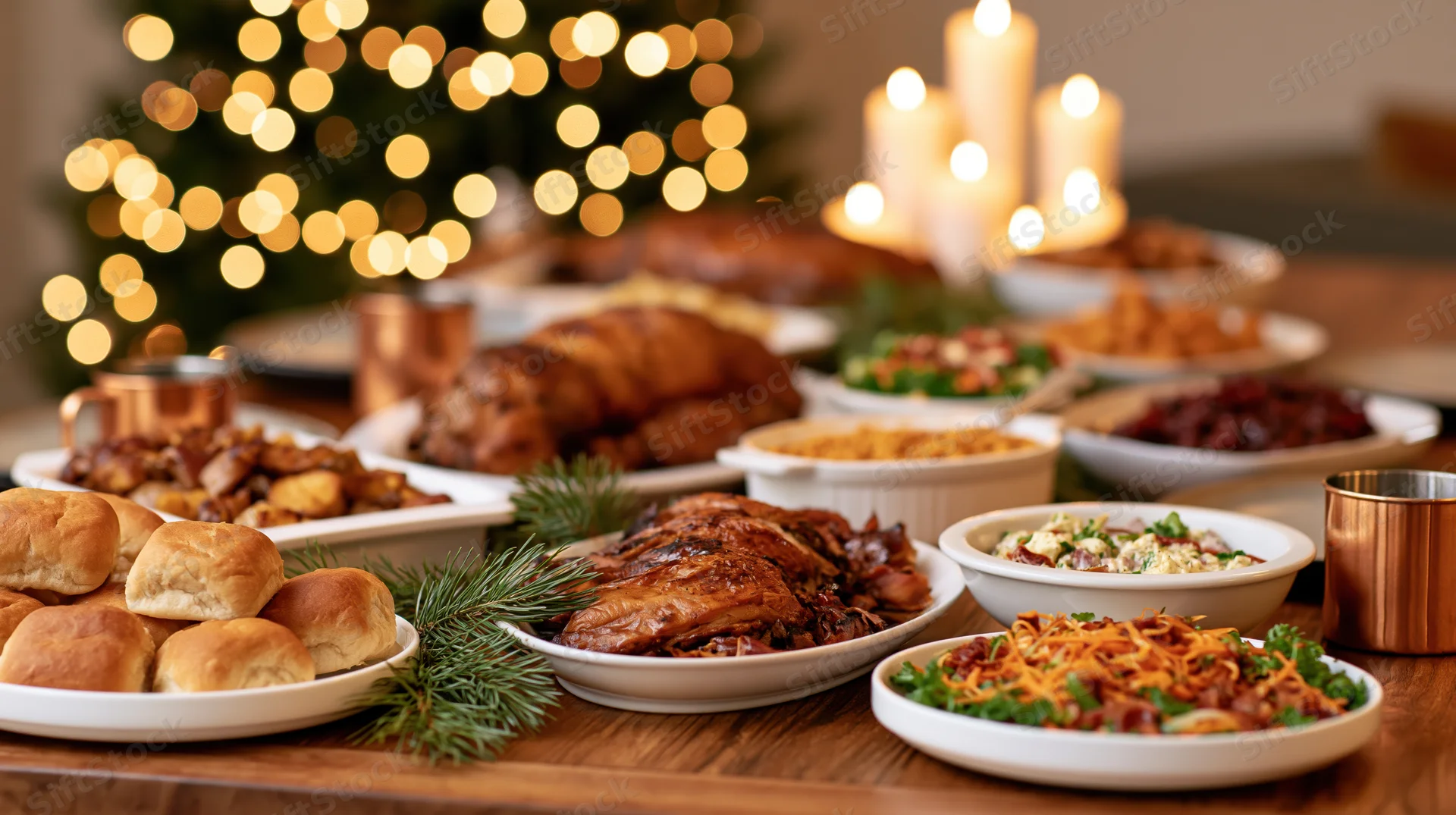 Holiday dinner table with roasted meats, bread rolls, and side dishes arranged on wooden surface with candles and christmas tree lights in background