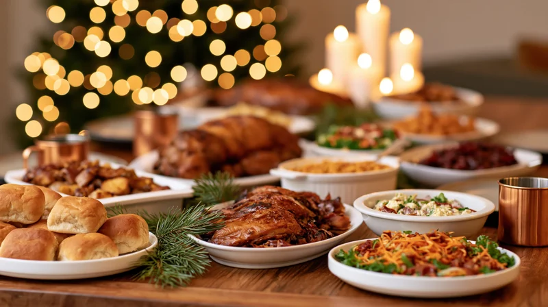 Holiday dinner table with roasted meats, bread rolls, and side dishes arranged on wooden surface with candles and christmas tree lights in background