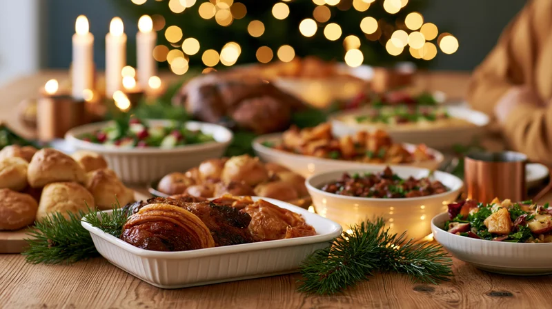 Holiday dinner table spread with roasted meats, bread rolls, and salads, decorated with candles and pine sprigs, set against a lit christmas tree