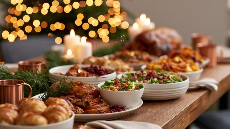 Holiday dinner table spread with roasted meats, bread rolls, salads, and candles in front of a lit christmas tree