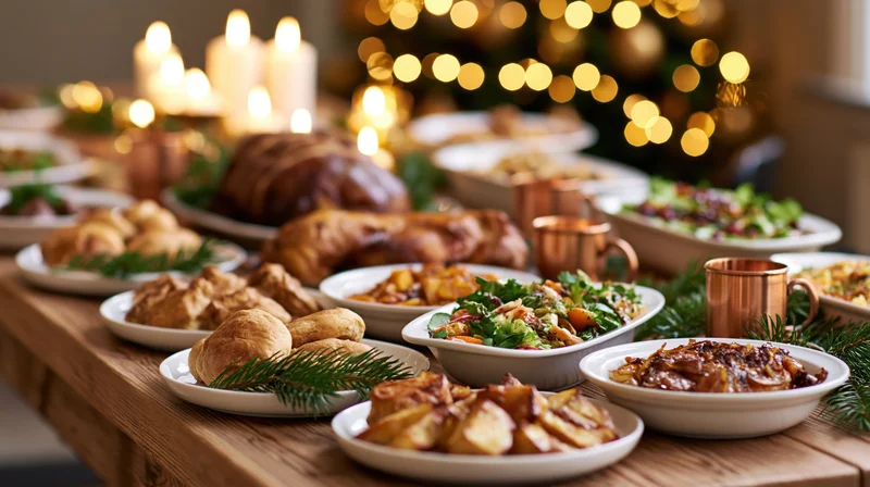 Holiday dinner table with roasted turkey, bread rolls, salads and candles in front of a decorated christmas tree