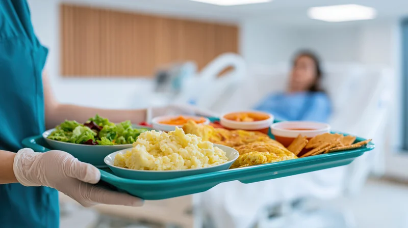 Nurse holding a tray of hospital food in a patient's room
