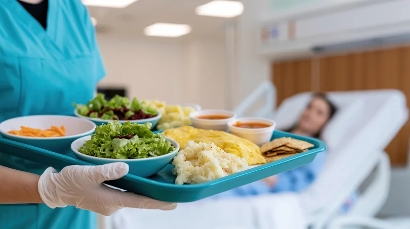 Nurse holding a tray of hospital food in a patient's room