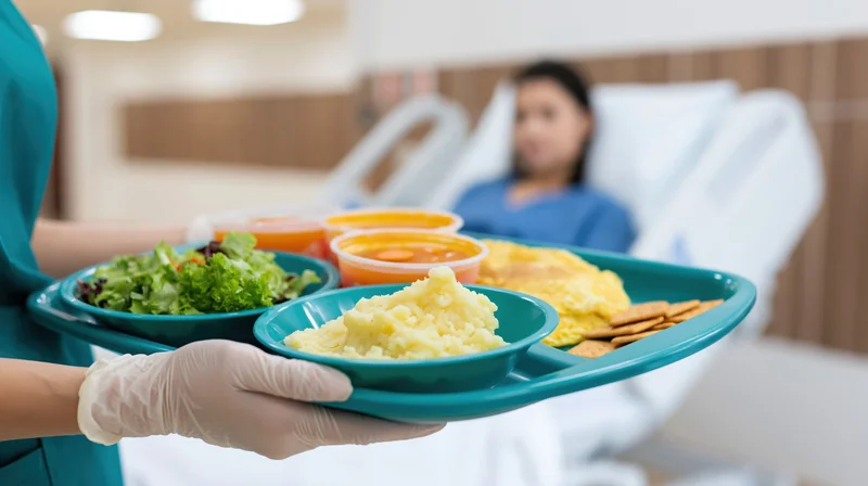 Nurse holding a teal tray with hospital meal in front of patient in bed