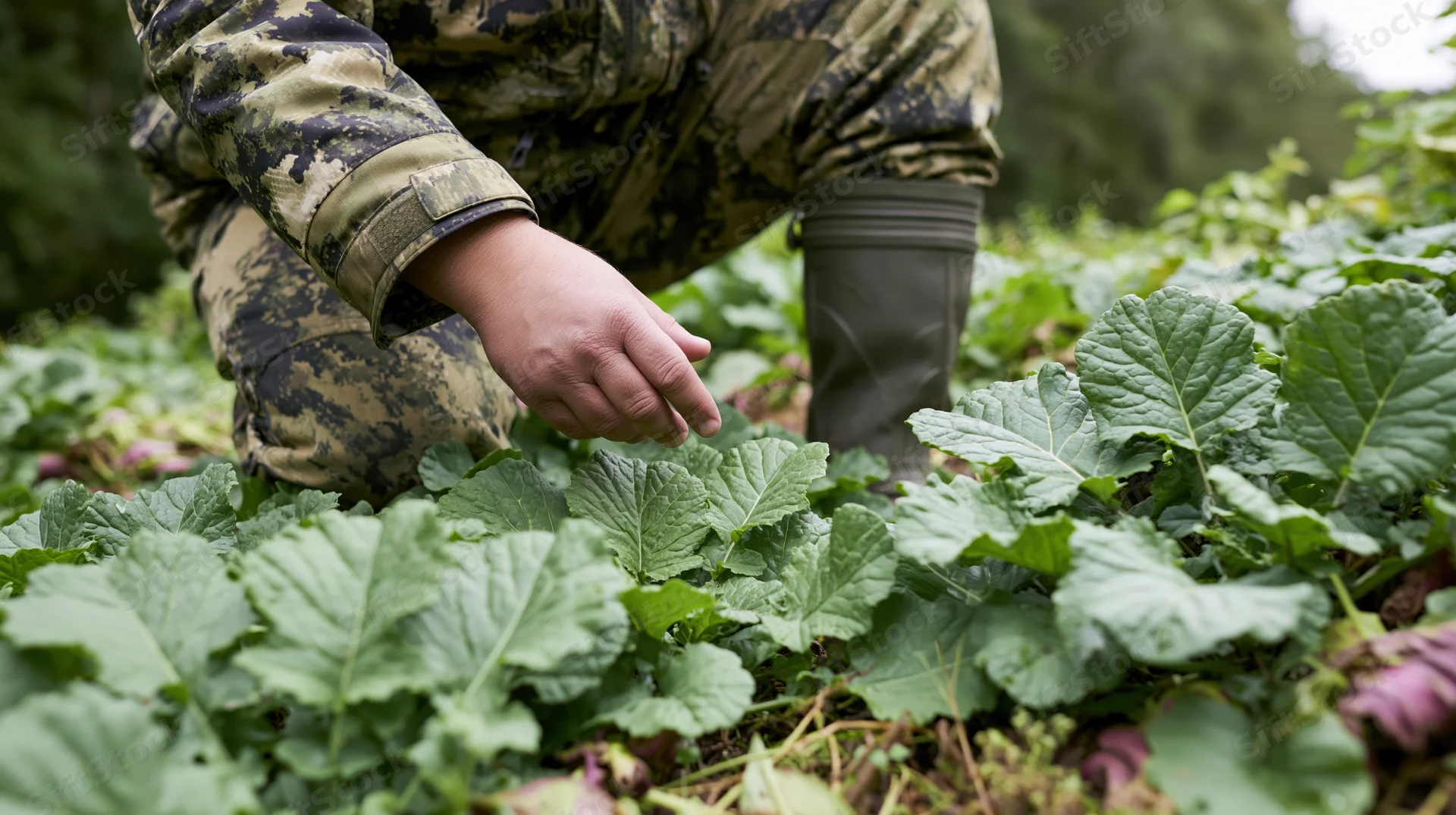 Hunter in camouflage gear crouching to inspect radishes in a garden