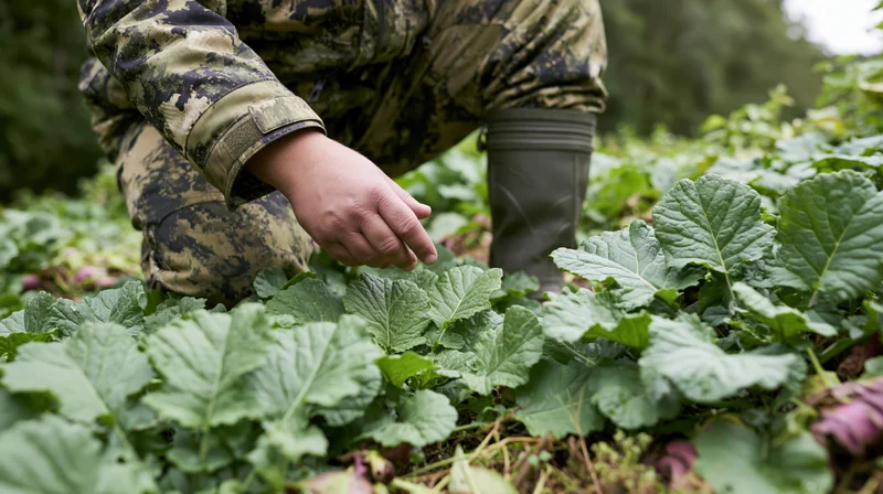 Hunter in camouflage gear crouching to inspect radishes in a garden