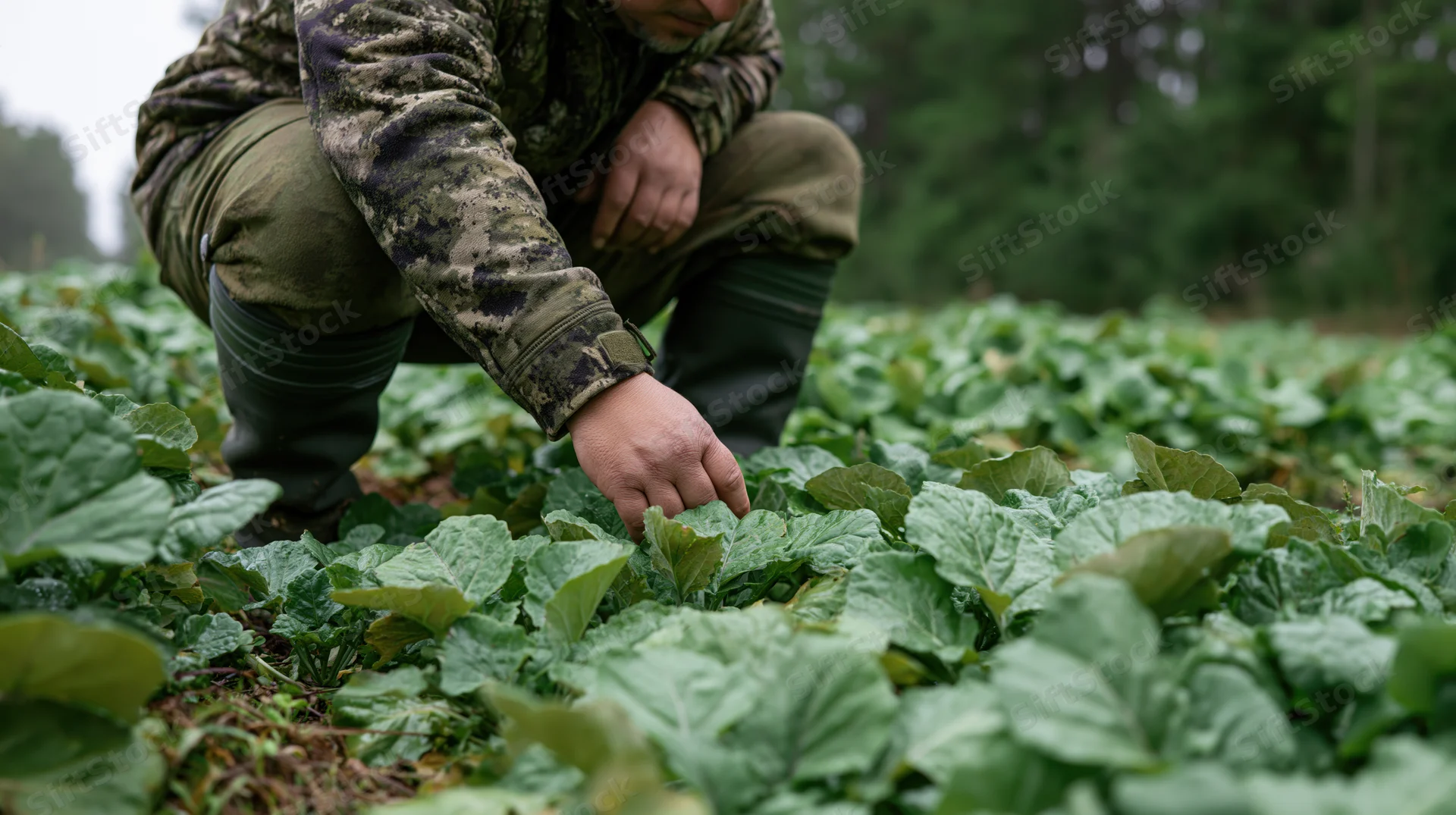 Hunter in camouflage crouching to inspect green leafy plants in a field